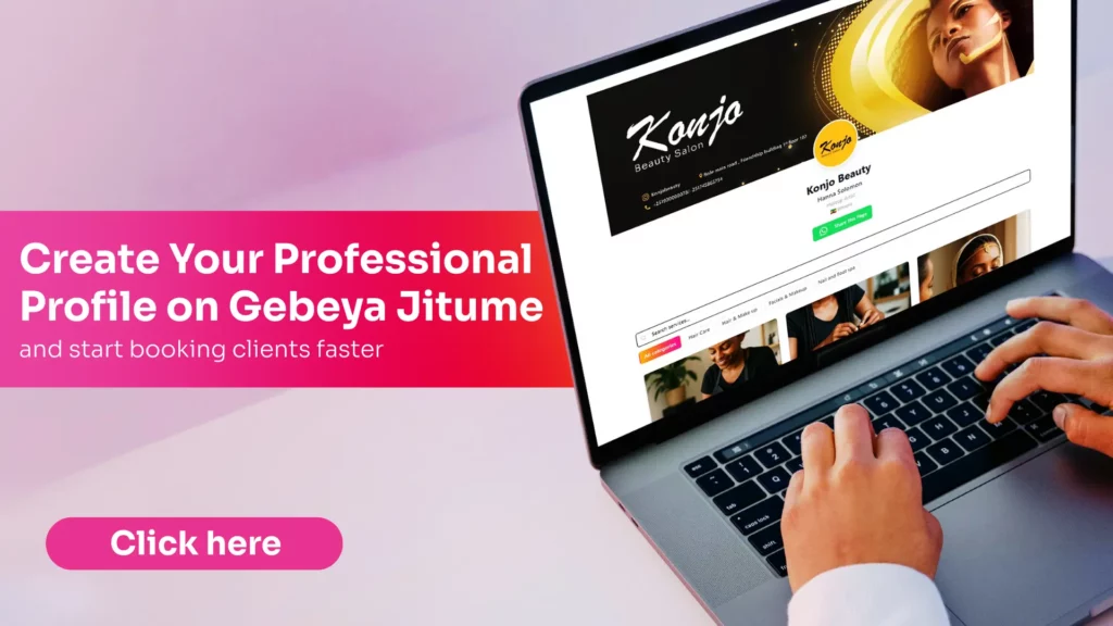 Freelancer viewing a Gebeya Jitume service profile on a laptop with a CTA to create a professional profile.