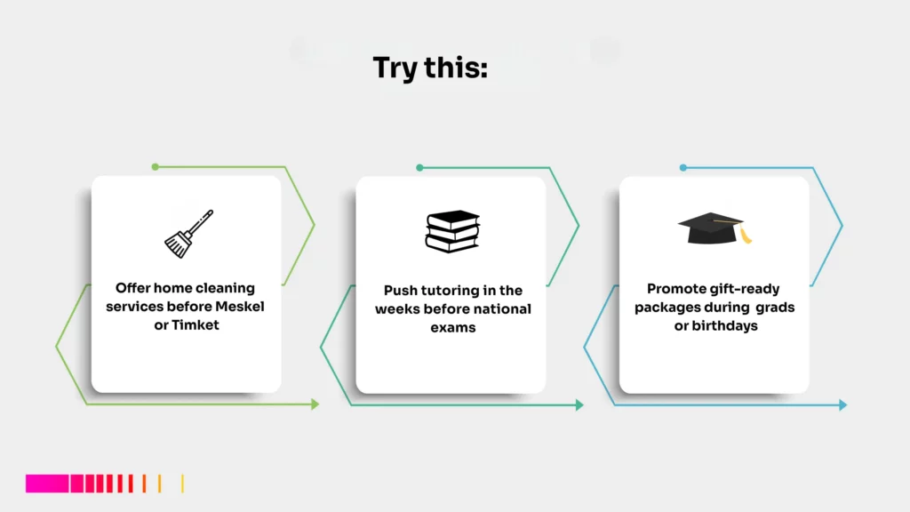 Examples of local business marketing in Ethiopia with timing-based offers promoting cleaning, tutoring, and gift packages during peak seasons.