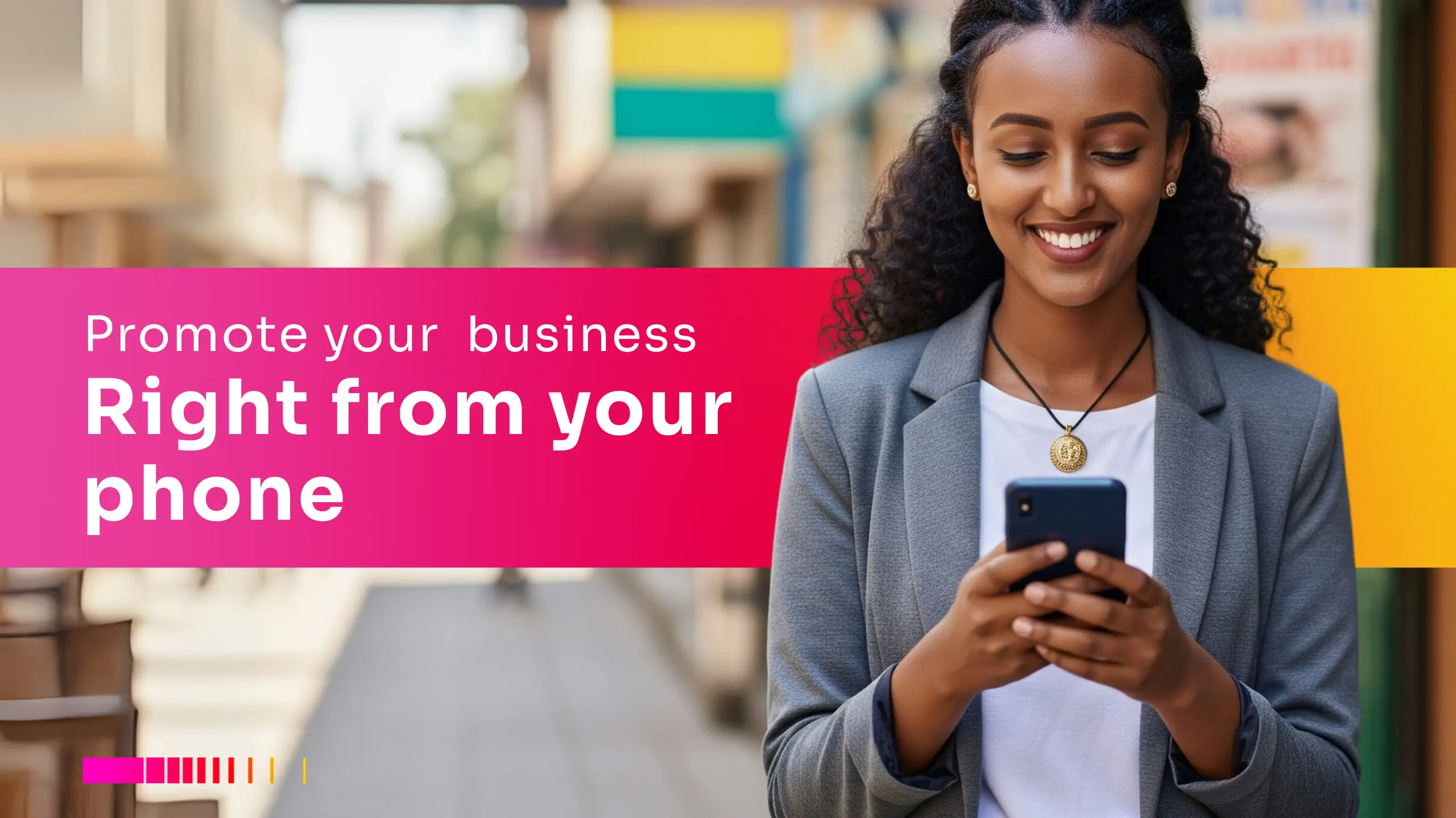 Woman promoting her service business online using her phone — best ways to promote a business in Ethiopia with Gebeya Jitume.